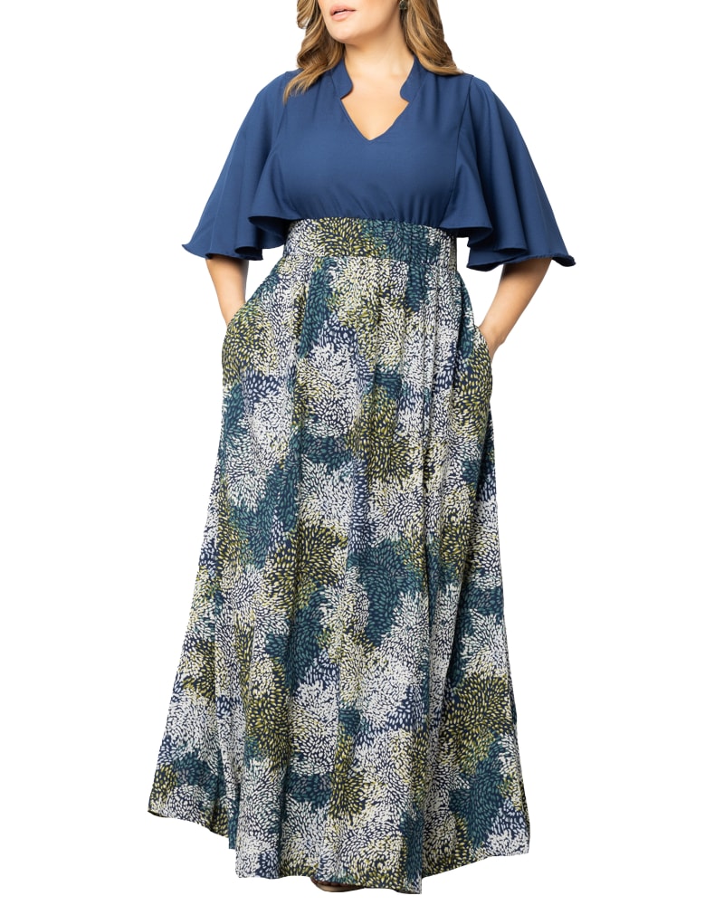 Front of a model wearing a size 1X Avisa A-Line Evening Gown in BLUE IMPRESSIONIST PRINT by Kiyonna. | dia_product_style_image_id:352955